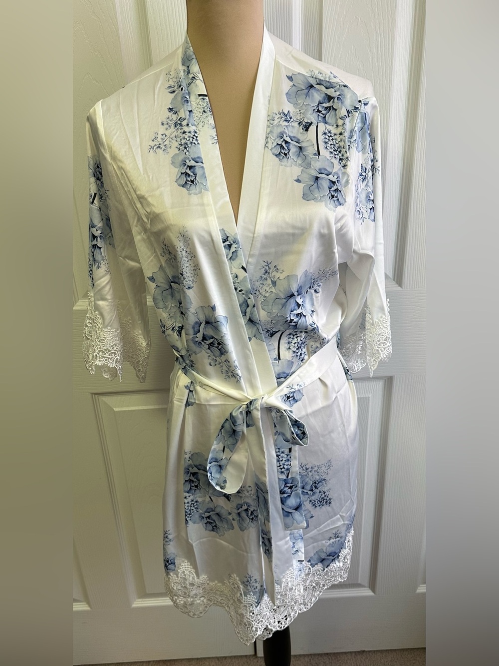 Blue Floral Satin Kimono Robe with Lace Trim